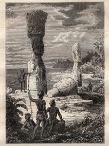 Expedice kolem světa (1785-1788) Jeana Francoise Galaupa de La Perouse (1741-1788): domorodci z Velikonočního ostrova při pohledu na monumentální sochy (Moai) - ilustrace převzata z „Velkých námořníků 18. století““ od Unknown artist