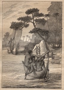Expedice Nicolase Thomase Marion-Dufresne (Marion Dufresne) (1729-1772): kánoe z ostrovů Admiraut (Bismarckovo souostroví, Papua Nová Guinea) - ilustrace převzata z „“Velcí námořníci 18. století“““ od Unknown artist