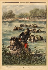 Zkušenost s průchodem řeky 7. plukem draků ve Fontainebleau. Rytina v „“ Le petit journal“ 6/09/1896. Selva sbírka. od Unknown artist