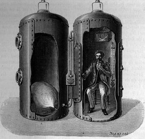 Zkušenosti s barometrickým tlakem od fyziologa Paula Berta (1833-1886): dýchání suroxygenního vzduchu, dilatuje se snižováním tlaku. Rytina v „“ La Nature: revue des sciences et de leurs applications aux arts et a l