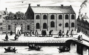 Vnější pohled na budovu univerzity v Leidenu založené v roce 1575 Guillaume de Nassau. Rytina po „“ Illustrium Hollandiae atd., Ordinum, Alma academia Leydensis““ od Unknown artist