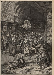Slavné diamanty: Lahoreův maharadža, Ranjit Singh (1780-1839), přebírá diamant Koh-i Nor (Koh i Nor, Kuh-e Nur, Kuh e Nur, Koh-i-noor, Koh i Noor). Rytina z roku 1885 v „“Les arts et metiers illustres““ od Adolphe BITARDA. od Unknown artist