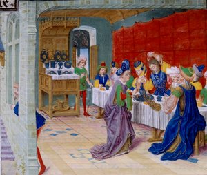 Scéna s hodovým jídlem, na stole se podává páv. Miniatura převzatá z „La Vraye Histoire du Bon Roy Alixandre““ od Callisthenes nebo Kallisthenes (asi 360-328 př.nl) od Unknown artist