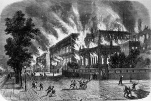 Požár Účetního dvora a Čestné legie dne 23. března 1871 během komuny v Paříži. Rytina 19. století. od Unknown artist