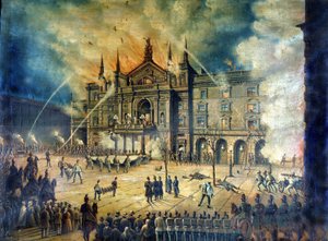 Požár vídeňské opery Wiener Ringtheater v roce 1881. Kresba z 19. století od Unknown artist