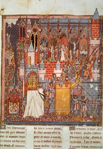 První křížová výprava: obléhání a dobytí Jeruzaléma přes přechody vedené Godefroyem de Bouillon (1058-1100) v roce 1099. Miniatura z „Chronicles d