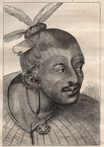 První plavba (1768-1771) kapitána Jamese Cooka (1728-1779): vytetovaná hlava Neo-Zelandais (Neo Zelandais) - ilustrace převzata z „Velkých námořníků 18. století““ od Unknown artist