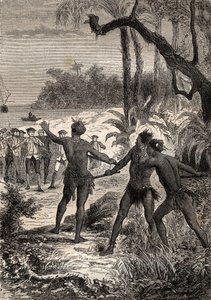 První plavba (1768-1771) kapitána Jamese Cooka (1728-1779): Zatímco Cook a deset námořníků pluje na poledníkové pobřeží Nové Guineje, z lesa se s velkým křikem vynořili tři Indové - ilustrace převzata z „The Great Mariners of 18. století“ od Unknown artist