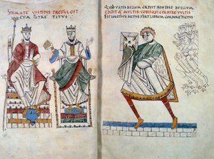 Flavius Josephe (původně Yossef ben Matityahu, řecky mluvící židovský historik (37-100) nabízející svou knihu císařům Titovi a Vespasianovi. Miniatura převzata z „“ De Bello Judaico (Válka Židů) „“ (folio 2 a 3) od Unknown artist