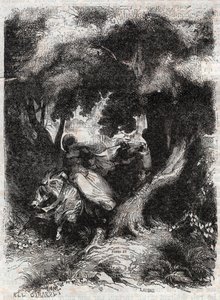 Let Angeliky (Angelica) během bitvy – rytina z roku 1851 z „“Zuřivého Rolanda““ (Orlando furioso) (16. století) od Ludovica Ariosta, známého jako Ariosta – vydání přeložené z italštiny hrabětem z Tressanu a vydané Gustavem Harva od Unknown artist
