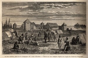 Fort Youkon, v zálivu Norton, Aljaška, založený v roce 1847, založení společnosti Hudson Bay Company, indiáni tábořili kolem palisád. Rytina k ilustraci plavby a dobrodružství v anglické Kolumbii, na ostrově Vancouver a na Aljašce, Frederick od Unknown artist
