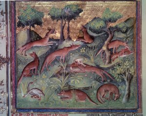 Liška na lov drůbeže. Miniatura z rukopisu „“Le livre de la chasse““ (folio 34v) od Gastona Phoebuse (1331-1391) dit Gaston III Comte De Foix od Unknown artist