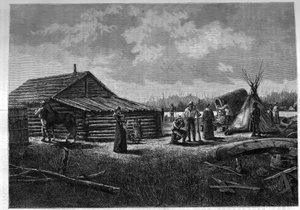 Francouzsko-kanadská vesnice Metis v Kanadě. Rytina do „The Journal of Youth“ od Unknown artist