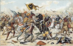 Francouzsko-anglická válka (1202-1214): Bitva u Bouvines dne 27.7.1214 mezi francouzskou armádou Philippa Augusta a Vlámy a Welfy z Othona IV. Francouzské vítězství bylo rozhodující ve výsledku války. 19. století. Paříž, Musee de l