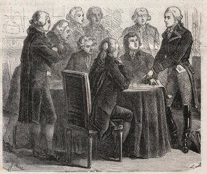 Francouzská revoluce: hrabě Louis Marie de Narbonne-Lara (Narbonne Lara) (1755-1813) ukazující své plány ve výborech shromáždění - rytina v „“The Illustrous World““ od Unknown artist