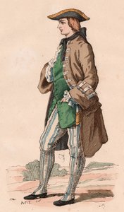 Francouzský gentleman v loveckém kroji, na sobě kabát, vestu a trojrohý klobouk s dýkou v boku během XVIII. století (barevná rytina) od Unknown