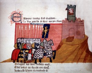 Francouzští rytíři přijíždějící před hrad. Rukopis 13. století. od Unknown artist