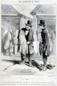Fripier z chrámové čtvrti v Paříži se snaží prodat oblečení muži. Rytina 19. století. od Unknown artist