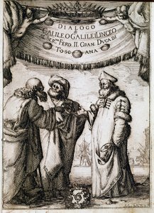 Frontispice „dialogu o dvou velkých systémech světa“ (dialogo sopra i due massimi sistemi del mondo), který zadal papež Urban VIII. astronomovi a fyzikovi Galileo Galilei dit Galilee (1564-1642) kolem roku 1620 a který byl publikován v roce 1632 . To od Unknown artist