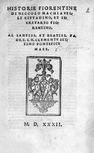 Frontispice of "" Historie Fiorentine od Niccola (od Bernarda dei) Machiavelli (Nicolas Machiavel od Unknown artist
