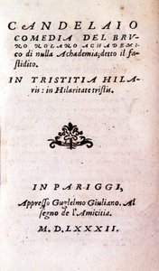 Frontispice „Il candelaio“ (Svícen) od Giordana Bruna (1546-1600), italského filozofa a teologa. 1582 od Unknown artist