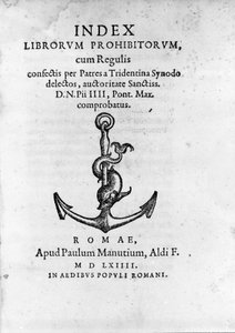 Frontispice of Index Librorum Prohibitorum (Index zakázaných knih nebo Index Exurgatorius) vydaný v Římě v roce 1564. Uvádí knihy, které římští katolíci nesměli číst. od Unknown artist