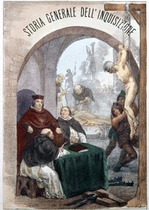 Frontispice Obecných dějin inkvizice od Pietra Tamburiniho s ilustrací zobrazující výjevy symbolické inkvizice. Milán 1850. od Unknown artist