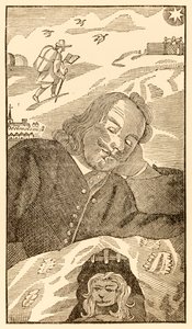 Frontispis z knihy Poutníci postupují z tohoto světa k tomu, co přijde od Johna Bunyana (1628-1688) zobrazující autora snícího o křesťanském poutníkovi zatíženém vědomím svého hříchu od Unknown