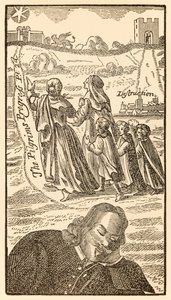 Frontispis z druhé části knihy The Pilgrims Progress From This World, To What Is To Come od Johna Bunyana (1628-1688) zobrazující autora snícího o křesťanské rodině, jeho manželce Christiane an od Unknown