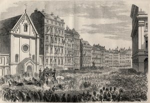 Pohřeb císaře Maxmiliána I. Mexického (1832-1867): příjezd pohřebního průvodu před vídeňský kapucínský kostel. Gravírování v „“L