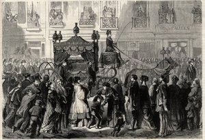 Pohřební průvod během obseques Gioacchino (Gioachino) Rossini (1799-1868) v Paříži. Gravírování v „The Universe Ilustrious“ od Unknown artist