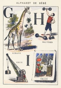 G H I: žirafa, jeřáb, činky, obrázek od Unknown artist