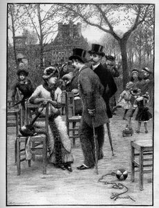 Galantní rozhovor mezi dvěma muži a mladou ženou, všichni velmi elegantní, v Tuileries Garden v Paříži během léta. Gravírování v „“Le Monde Illustré““ od Unknown artist