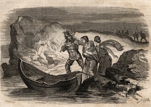 Galské války, 58-51 př. Kr. Římské vítězství nad německými kmeny pod vedením Ariovista - Ariovistus nucen překročit Rýn - Arioviste force de iron the Rýn - rytina v „“ Dictionnaire populaire llustrious“ - 1864 - Joseph December a Edmond Allonier od Unknown artist