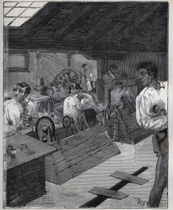 Galvanické zlacení: škrabka-boesáž zlatých šperků se škrabkou-boesse. Rytina z roku 1885 v „“Les arts et metiers illustres““ od Adolphe BITARDA. od Unknown artist