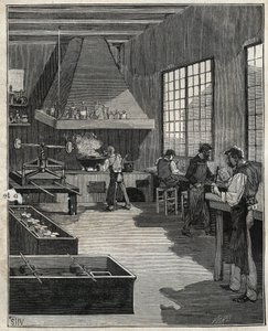 Galvanické zlatnictví: příprava forem. Rytina z roku 1885 v „“Les arts et metiers illustres““ od Adolphe BITARDA. od Unknown artist