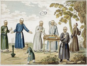 Hry a muži pijící čaj v Číně - s.d, grav. od Unknown artist