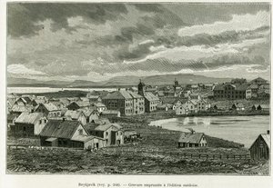 Celkový pohled na Reykjavík. Rytina pro ilustraci příběhu Nová expedice profesora Nilse Adolf Erik (Eric) Baron Nordenskjold (Nordenskiold) (1832-1901) v Grónsku, Charles Rabot, v tour du monde 1886, pod vedením Edouarda Chara od Unknown artist