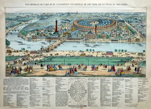 Celkový pohled na Světovou výstavu 1867 v Paříži. Dole: park vojenské školy Champ de Mars. Gravírování Paris, Musee Carnavalet od Unknown artist