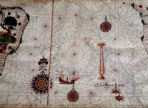 Geografie: detail navigační mapy Luise Lazara (16. století) představující ostrovy souostroví Tristan da Cunha (nebo Tristan d