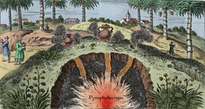 Geologie: řezání zemské kůry vysvětlující únik ohně ze země. Rytina z „Mundi Mirabilis Oeconomia““ od Johanna Zahna (1631-1707) od Unknown artist