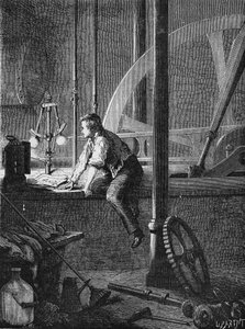 Georges Stephenson, řidičský dělník v Newcastlu, rozebírá a opravuje svůj parní stroj. In “Album de la Science””, Éditions Jouvet od Unknown artist