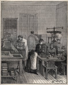 Zlacení knih (obalů) v železe v dílně ve Francii v 19. století. Rytina z roku 1885 v „“Les arts et metiers illustres““ od Adolphe BITARDA. od Unknown artist