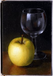 Sklo a žluté jablko - zátiší, olej na plátně od Unknown artist