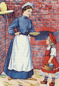 Běž ten dort a ten hrnec másla k babičce. Anonymní ilustrace k „Červené karkulce“, příběhu Charlese Perraulta (1628-1703), francouzského spisovatele. Snímky Marcel Vagne, Jarville Nancy, nedatováno (konec 19. století). od Unknown artist