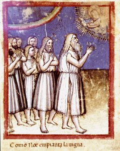 Bůh požehnal Noemu a jeho rodině, kteří přežili miniaturu potopy z kodexu 212 (nebo kodexu padovano nebo Bible z Padovy) 1390-1400 Rovigo, Accademia dei Concordi od Unknown artist
