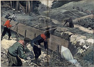 Zlatá horečka na Aljašce: Hledači zlata myjí zlaté bahno. Žena sbírá pepity, zatímco do tábora přijíždějí noví hledači zlata. Ilustrace v „“Le Pelerin““ z 20. února od Unknown artist
