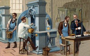 Těžba zlata. Ražba a ověřovací dílna mincí. Chromolitografie konce 19. století. od Unknown artist