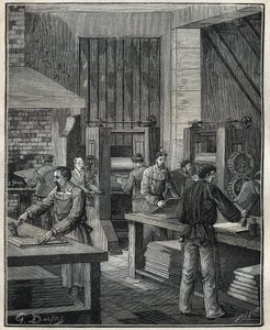 Zlatník: příprava desky, příprava kovu pro provedení speciálního stříbra. Rytina z roku 1885 v „“Les arts et metiers illustres““ od Adolphe BITARDA. od Unknown artist
