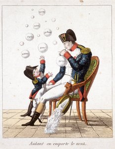 Pryč s větrem: Napoleon vyrábí mýdlové bubliny z Toskánska, Švýcarska, Holandska, Neapole, Říma, Španělska a Evropy - v „“ Napoleon 1st, karikatury, sbírka figurín““, c. 1814 od Unknown artist
